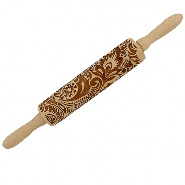 Engraved Flower Patterned Wooden Rolling Pin - Brown