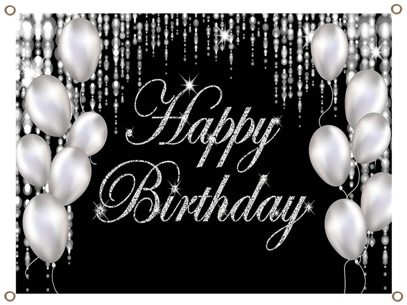 Happy Birthday Banner PVC Silver and Black with Balloons 1.3MX900MM