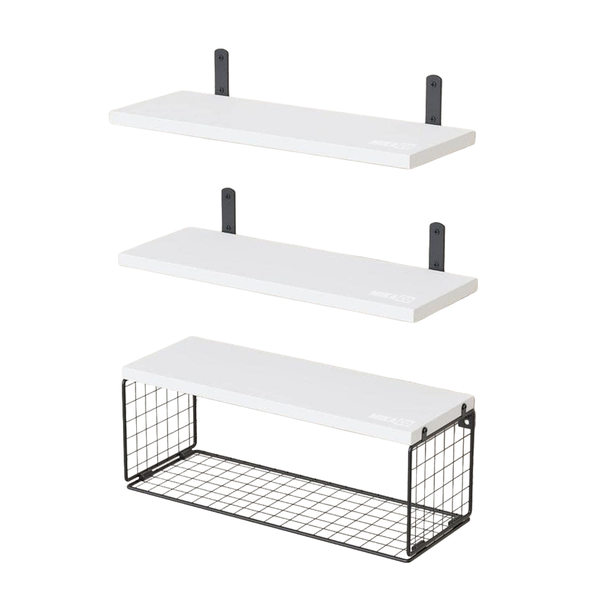 MIkaco 3-Tier Wall Mounted Floating Shelf Set w/ Wire Basket Wall