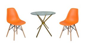 3 Piece 80cm Gold Leg Glass Table and Wooden Leg Chairs