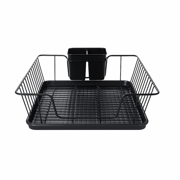 Modern Dish Drying Rack with Tray-Kitchen Drainer with Cutlery Holder - Black