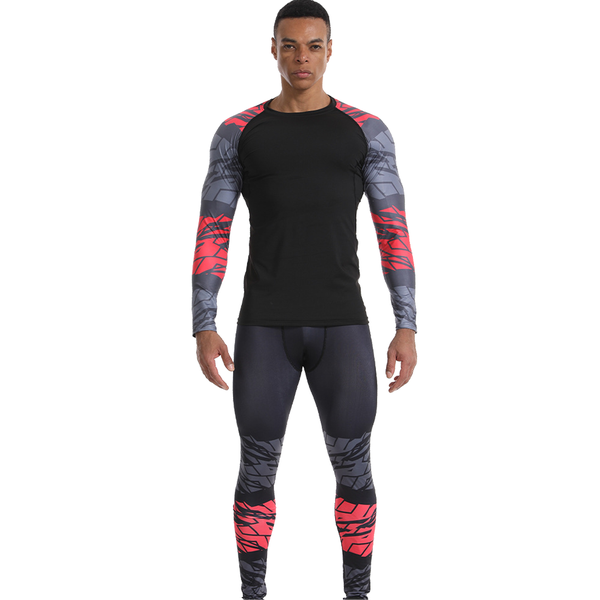 Men's Workout Compression Set Tight and Long Sleeve Shirt - Sweat-Wicking Gym