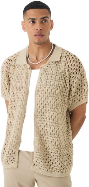 boohooMAN - Oversized Boxy Fit Crochet Shirt - Stone