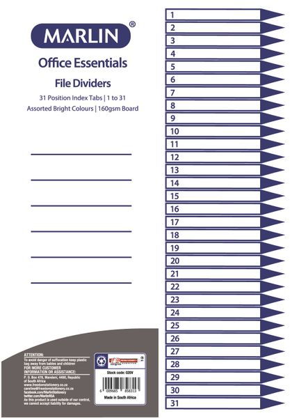Marlin File 31 (1 - 31) Index Dividers 160gsm Bright Board
