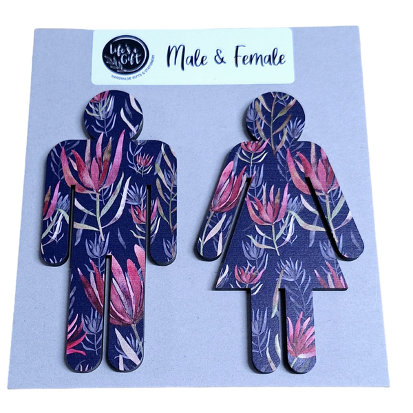 Male &amp; Female Bathroom Wall Art - Beautiful Spiky Pink Proteas on Navy