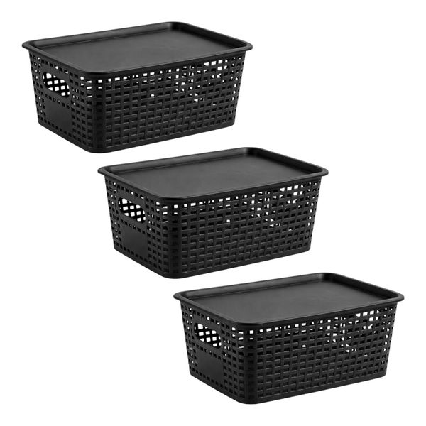 3 Pack - Plastic Stackable Storage Basket With Cover
