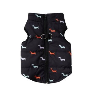 Dog Puffer Jacket - Sausage Dog Print - Small - Black