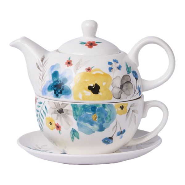 Hand Painted Watercolor Floral Teapot and Cup Set English High Tea Cup Set