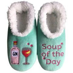 Snoozies! Ladies Fleece Slippers Gin Soup Of the Day - with Non Skid Soles