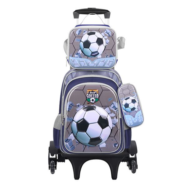 3D Soccer Picture Trolley Primary School Bag Wheeled Backpack 3 Pieces Set