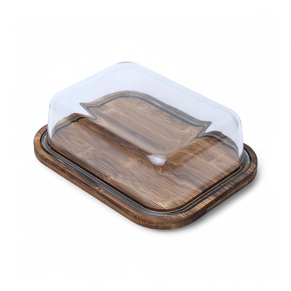 Small Elegant Bamboo Butter Dish With Crystal Clear Glass Lid -Transparent