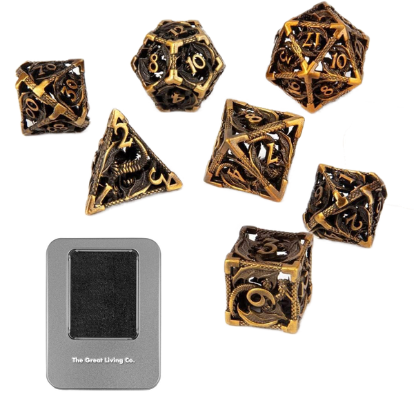 Hollow Copper Metal DND Dice Set- 7pc Dragon Polyhedral RPG Dice &amp; Gift Box