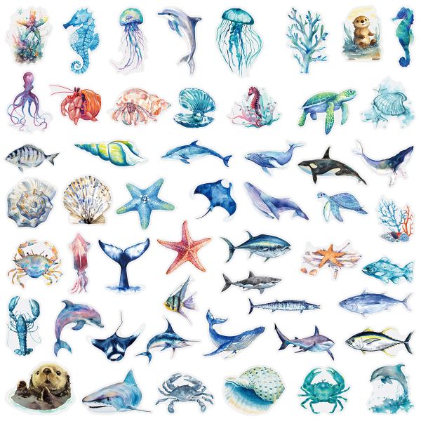 100pcs Ocean Animal Stickers Transparent PET Waterproof Adhesive Fish Decal