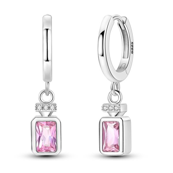 S925 Silver Pink Baguette Drop Huggie Hoop Earrings - Minimalist Girls Gift