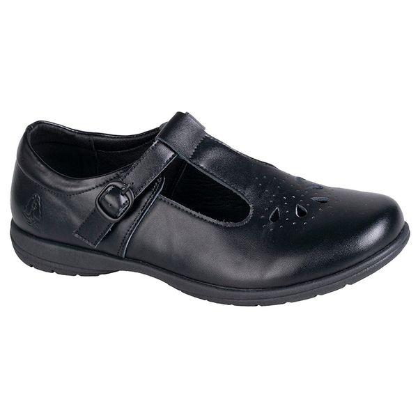 Hush Puppies Crown Girls T-Strap Black Action Leather School Shoes