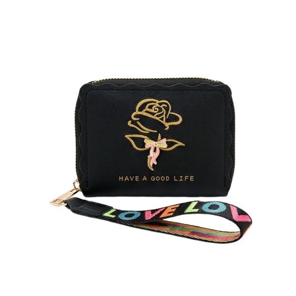 Ladies Small Rose Embroidered Zipper Wallet with Wrist Strap