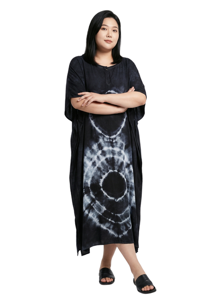 Boho Black Tie Dye Rayon Kaftan - Loose Fit