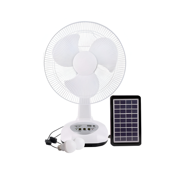 12-Inch Solar Rechargeable Desktop Fan with Built-in Light and 2 Bulbs