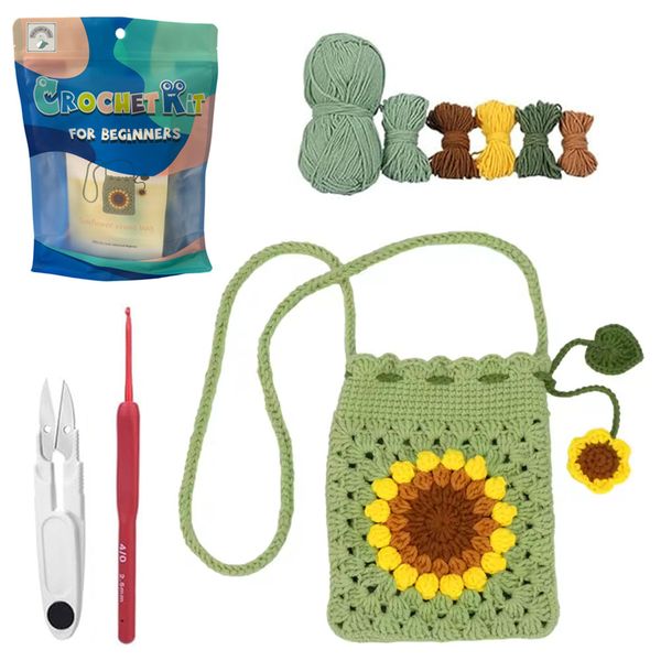 Crochet Amigurumi Kit - Sunflower Granny Square Phone Bag Wool DIY Craft