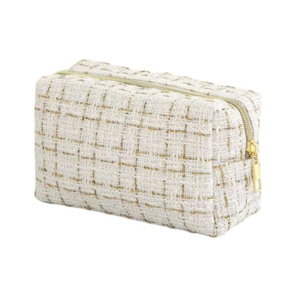 Portable Woven Design Cosmetic Makeup Bag - White/Gold