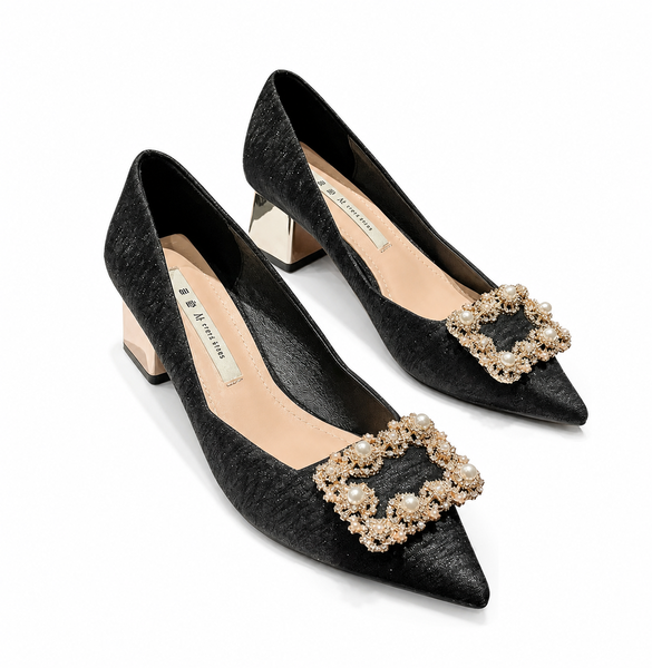Womens Shoes Pointed-Toe Low Block Heel Pumps with Pearl-Embellished Buckle