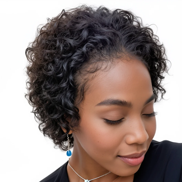 Geebuy 6"Brazilian Human Hair Pixie Cut Curly Wig - 13x1 Short Curly Wig