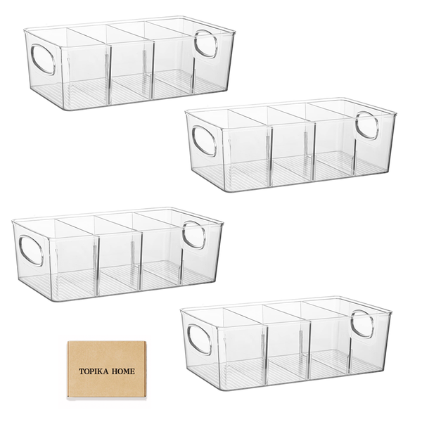 Topika 4 Pack Clear Storage Containers with Dividers Cabinet Organiser Bins
