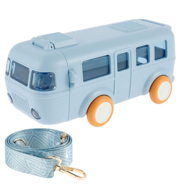500ml Cute Bus Water Bottle with Shoulder Strap, Square Locking Flip Lid