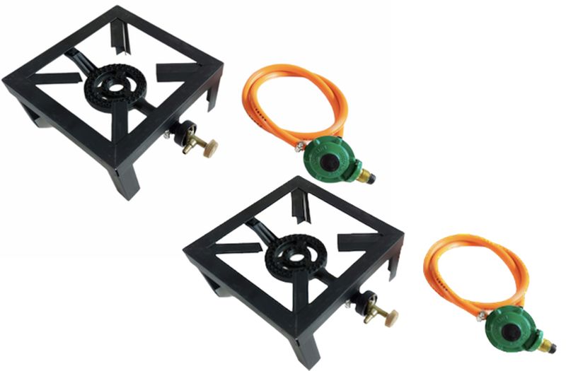 2 X Single Gas Burner, 4 Legged with Hose And Regulator Set.