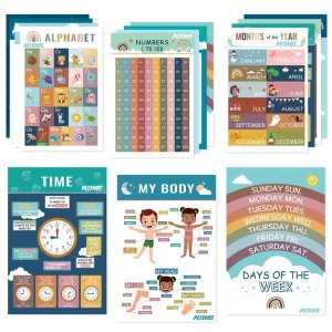 PEISKOS 16 Education Posters for Toddlers Kids Numbers, Colors, Shapes,Days