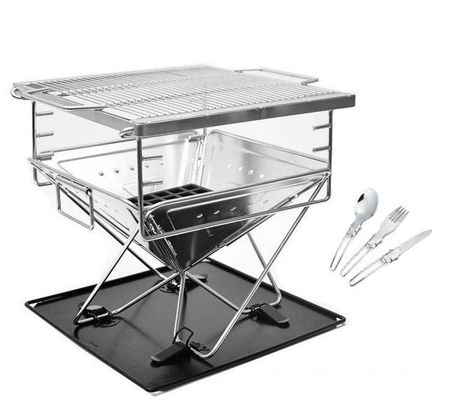 Glamping - Large Portable Stainless Adjustable Braai Grill + Utensil Set