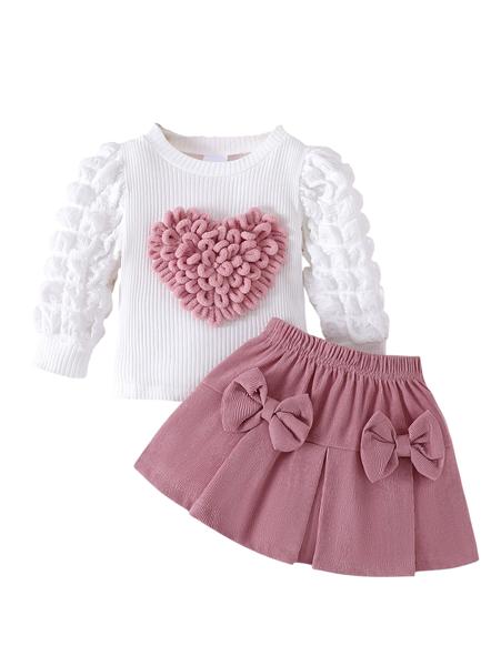 Cute White Puff Sleeve Heart Top and Pink Bow Skirt Set for Girls