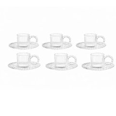 Glass Tea Cups &amp; Saucers Set 12 Piece 150ML Clear Beaded Design