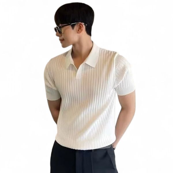 Men's Ribbed Knit Polo Shirt Old Money Knitted Golf Shirts For Men - White
