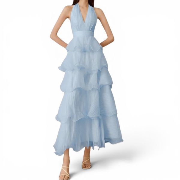 GlammeFab Tie-Neck Layered Dress Baby Blue