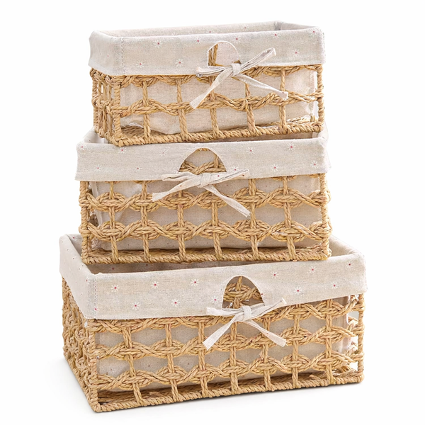 3-Piece Woven Storage Basket Set with Floral Lining &amp; Lace Detail