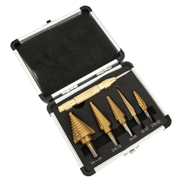 Step Drill Bit Set 6pcs HSS Titanium Coated Center Cone Bits
