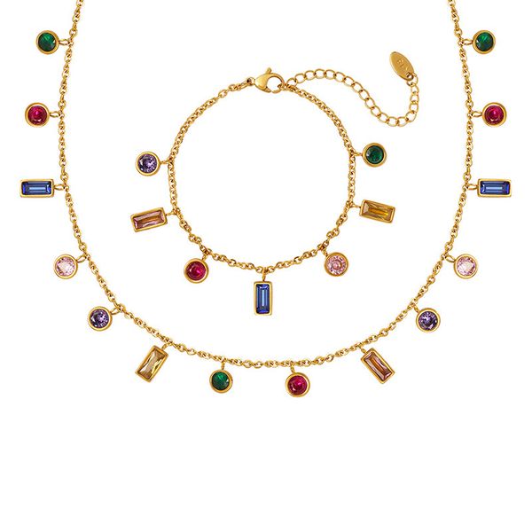 Rainbow Zircon Jewelry Set - Tassel Necklace &amp; Bracelet Collection