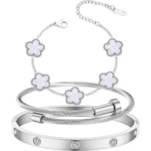 3 Pcs Silver-Tone Plated Stainless Bracelets for Women-Love&amp;Friendship