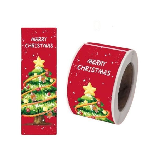150 Piece Rectangular "Merry Christmas" Sticker Roll - Festive Red