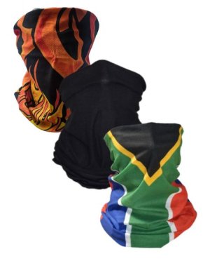 SKA Family Pack of 3 Tube Face Mask- SA Flag, Plain Black, Big Flames Combo