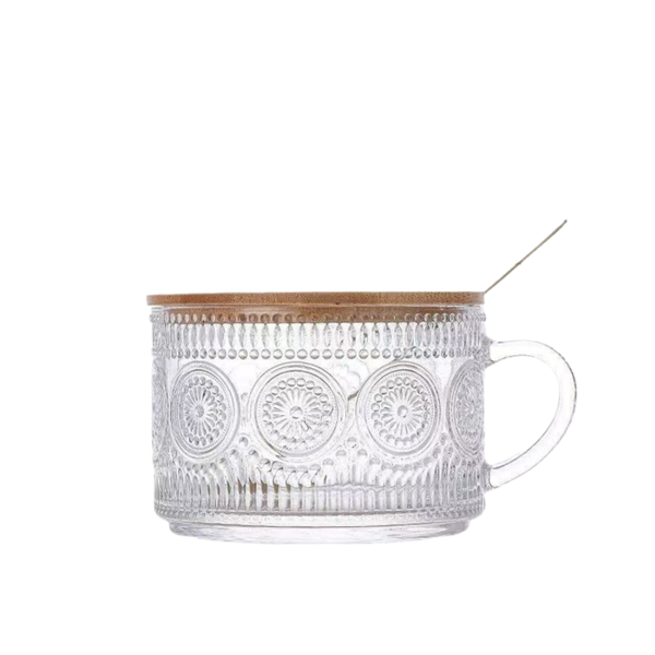 Vintage Glass Mug Set of 2 Embossed Glass Cup with Bamboo Lid &amp; Spoon