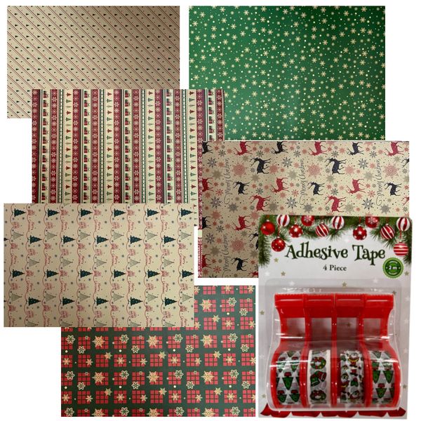 Craft 6pcs Merry Christmas Gift Wrap With 4pcs Holiday Adhesive Tape Rolls