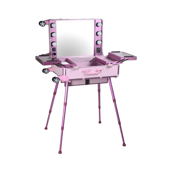 Modern Makeup Artist Cosmetic Case with Light Bulb Adjustable Leg Mirror
