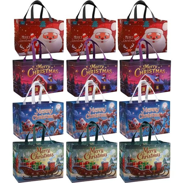 12pcs Christmas Gift Bags Set Non-Wove Reusable Tote Bags Xmas Gifting