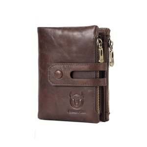 Bullcaptain Men's Double Zipper Bi Fold Leather Wallet