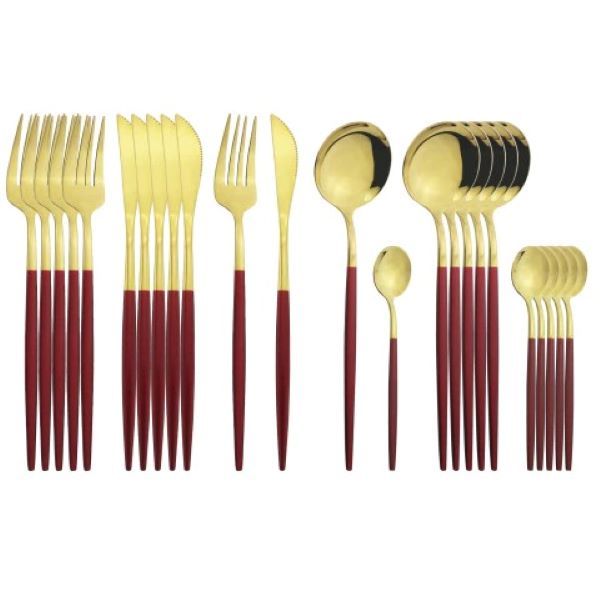 Cutlery Set 24 Piece Modern Sleek Gold with Red Coloured Handles