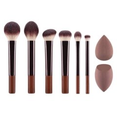 8 Piece Essential Makeup Brush Set With Beauty Blender Sponges - Brown