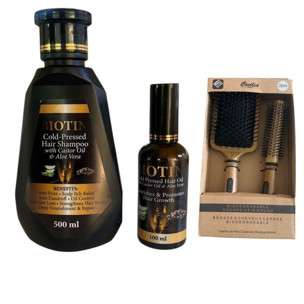 Biotin Cold Pressed Hair Shampoo 500 ml, Oil 100 ml with Bamboo Brushes