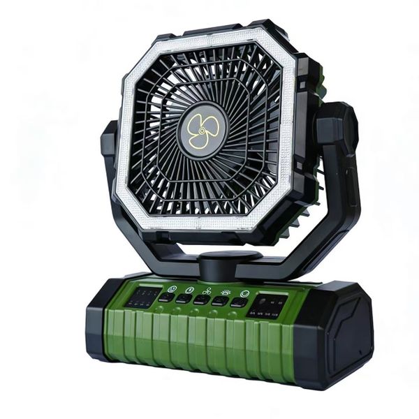 Portable Camping Fan with LED Light - Green